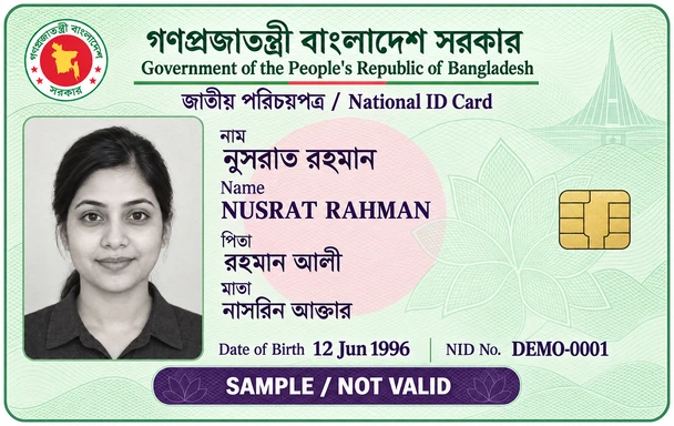 Sample National ID card for Nusrat Rahman, DEMO-0001, marked SAMPLE / NOT VALID