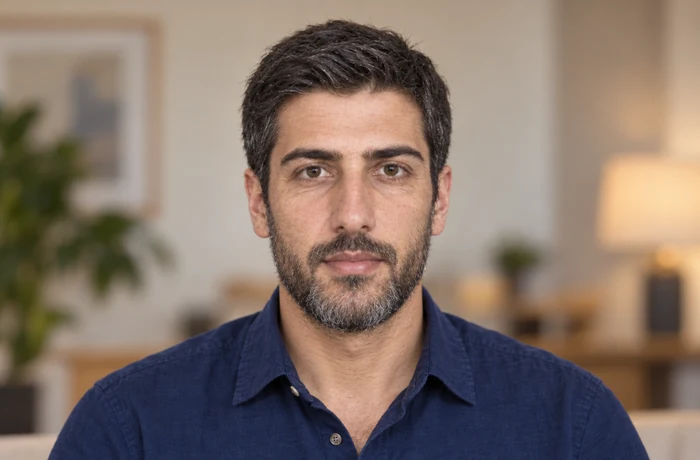 Later portrait of the same fictional man with a full beard and natural age-related facial changes