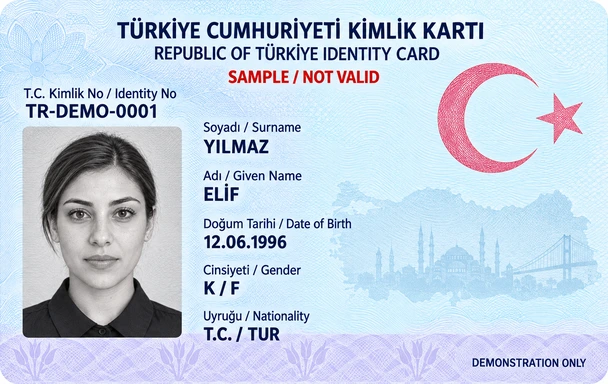 Sample IDENTITY CARD for Elif Yılmaz, TR-DEMO-0001, marked SAMPLE / NOT VALID