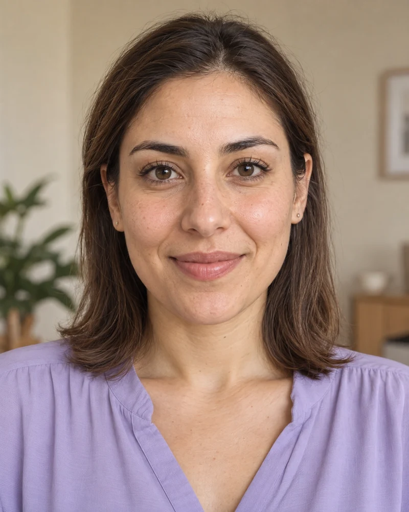 Fictional adult woman illustrating a SenseAI identity journey